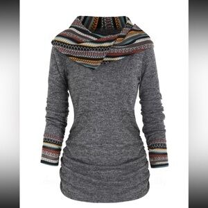 Twisted Cable Knit Plaid Print Hooded
Sweater Button Ruched Neck
Sweater. XL NWT